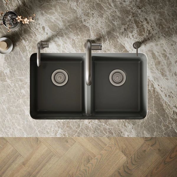 KOHLER® Riverby® Thunder Gray 33" Undermount Double-Equal Bowl Workstation Kitchen Sink with Accessories-2