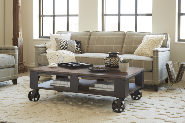 Magnussen Home® Pinebrook Distressed Natural Pine Rectangular Cocktail Table with Black Metal Casters-3