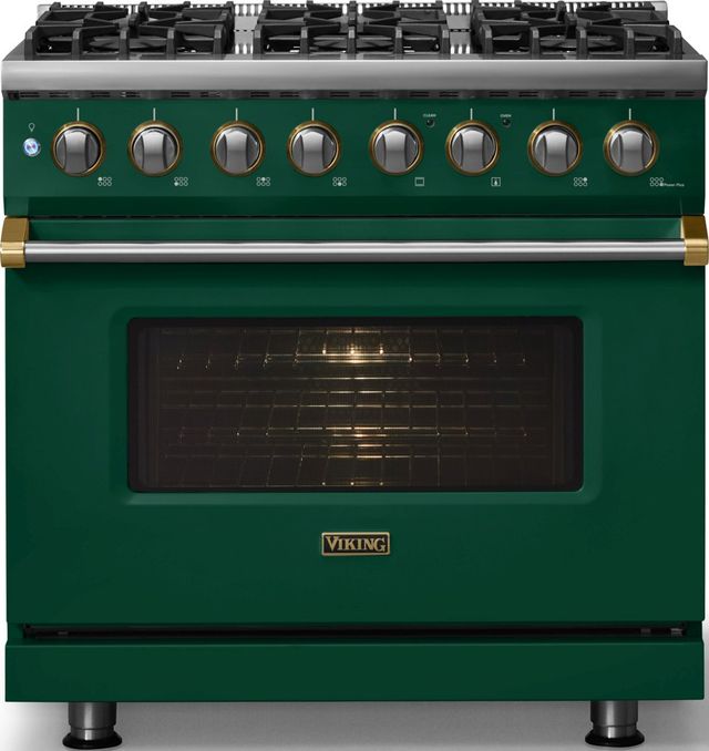Viking® 5 Series 36" Ivy Pro Style Dual Fuel (NG) Range with Brushed Brass Trim-2