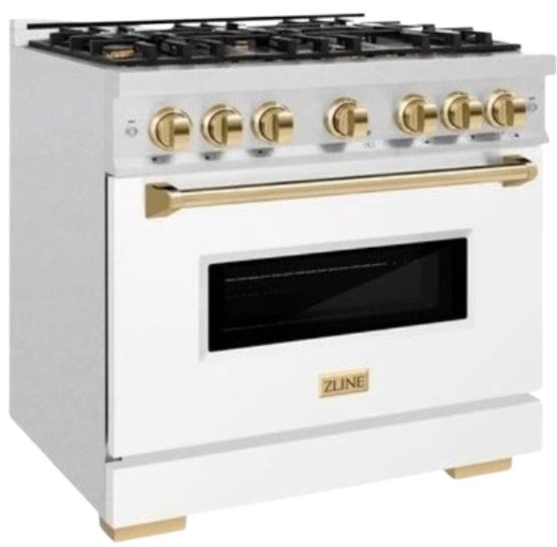 ZLINE Classic Autograph Edition 36" Satin Stainless Steel Pro Style Gas Range with White Matte Door and Champagne Bronze Accents-2