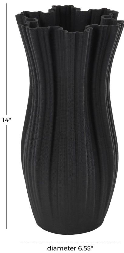 Deco Marche Black Abstract Ribbed Tulip Inspired Vase with Floral Shaped Rim-1