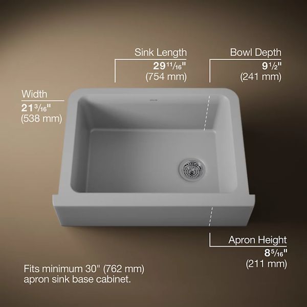 KOHLER® Cairn® Matte Gray 30" Undermount Single-Bowl Farmhouse Kitchen Sink-2