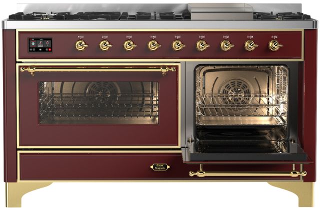 Ilve® Majestic III 60" Burgundy Pro Style Dual Fuel Natural Gas Range with Triple Glass Door and Brass Trim-3