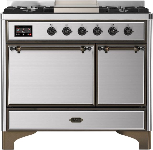 Ilve® Majestic III 40" Stainless Steel Pro Style Dual Fuel Natural Gas Range with Solid Door and Burnished Trim-0