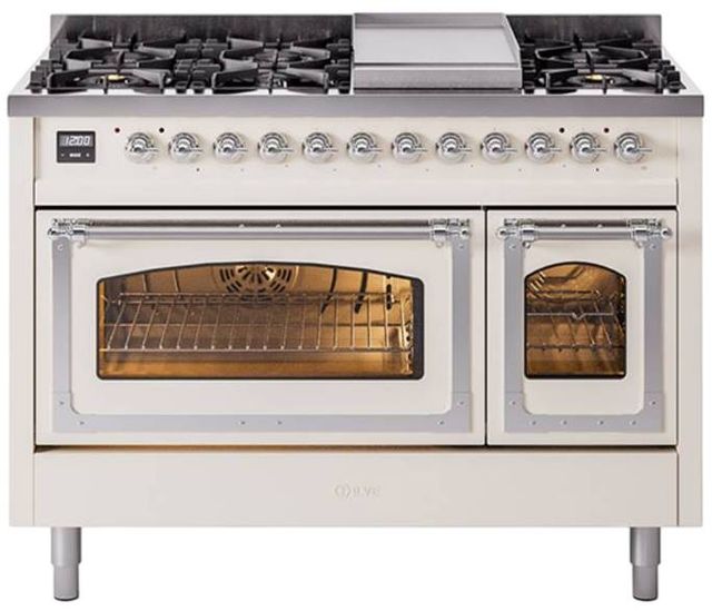 Ilve® Nostalgie II Noblesse 48'' Antique White Pro Style Dual Fuel Range with Chrome Trim-0