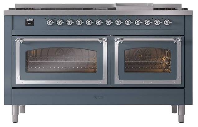 Ilve® Nostalgie II Noblesse 60'' Blue Gray Pro Style Dual Fuel Range with Chrome Trim-1