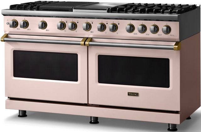 Viking® 5 Series 60" Blush Pro Style Dual Fuel (NG) Range with Brushed Brass Trim-2