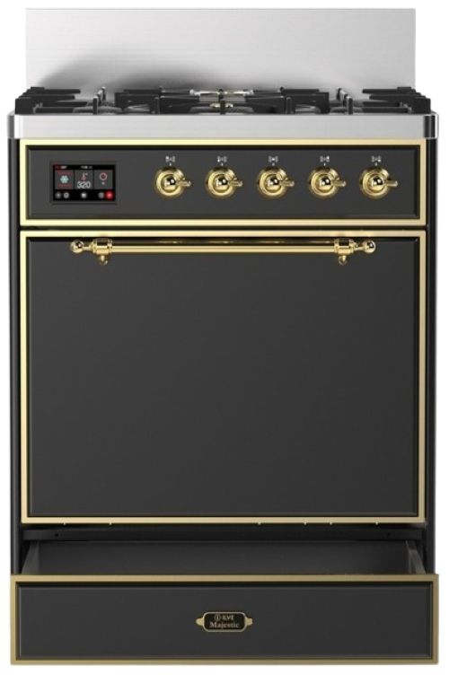Ilve® Majestic III 30" Graphite Matte Pro Style Dual Fuel Liquid Propane Range with Solid Door and Brass Trim-2