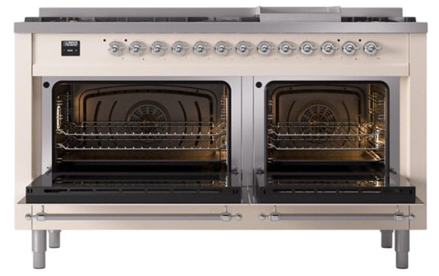Ilve® Nostalgie II Noblesse 60'' Antique White Pro Style Dual Fuel Range with Chrome Trim-1