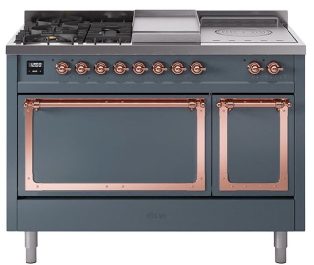 Ilve® Nostalgie II Noblesse 48'' Blue Gray Pro Style Dual Fuel Range with Copper Trim-0