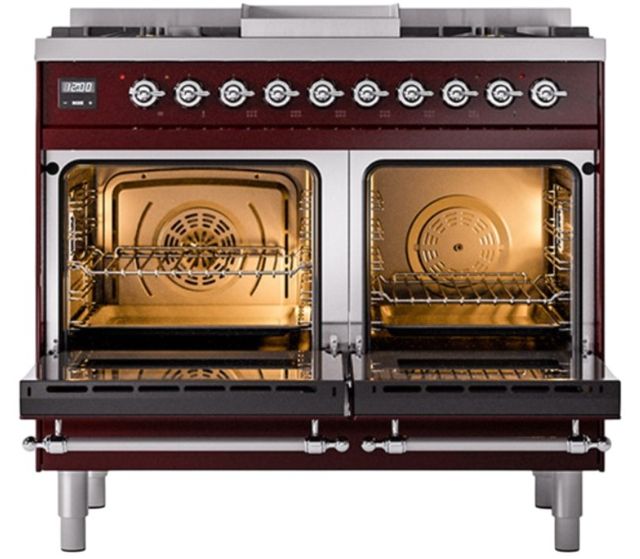 Ilve® Nostalgie II Noblesse 40'' Burgundy Pro Style Dual Fuel Range with Chrome Trim-1