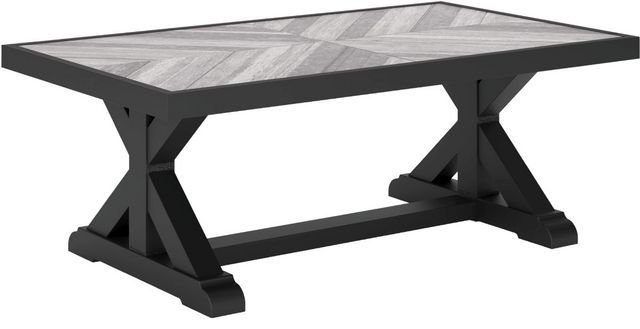 Signature Design by Ashley® Beachcroft Light Gray Outdoor Aluminum/Porcelain Cocktail Table with Black Base