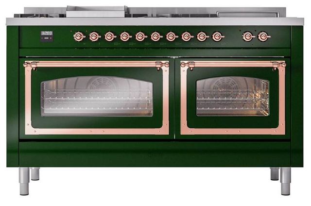 Ilve® Nostalgie II Noblesse 60'' Emerald Green Pro Style Dual Fuel Range with Copper Trim-1