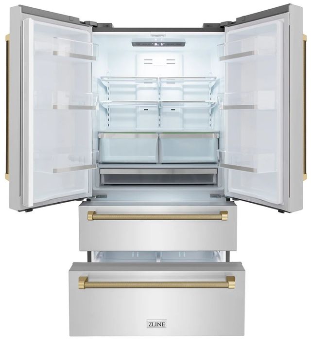 ZLINE Autograph Edition 36" 22.5 Cu. Ft. Fingerprint-Resistant Stainless Steel Counter Depth French Door Refrigerator with Ice Maker and Champagne Bronze Helix Handles-1