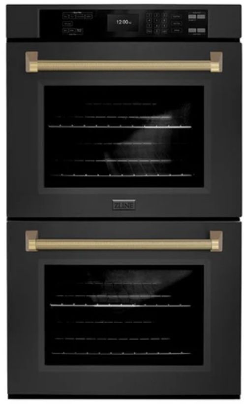 ZLINE Autograph Edition 30" Black Stainless Steel with Champagne Bronze Helix Handles Professional True Convection Double Wall Oven with Air Fry and Self Clean-0