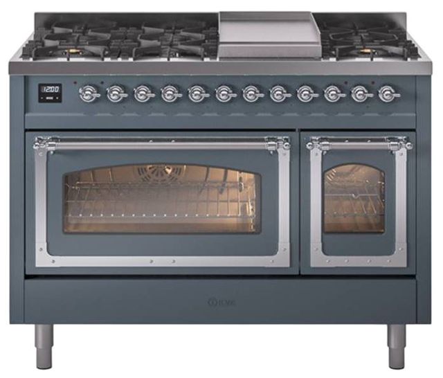 Ilve® Nostalgie II Noblesse 48'' Blue Gray Pro Style Dual Fuel Range with Chrome Trim-0