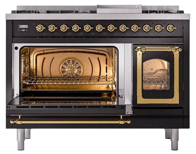 Ilve® Nostalgie II Noblesse 48'' Glossy Black Pro Style Dual Fuel Range with Brass Trim-3
