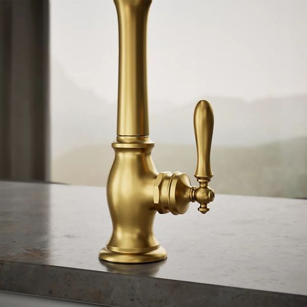 KOHLER® Artifacts® Vibrant Brushed Moderne Brass Single-Handle Kitchen Sink Faucet with 2-Function Side Sprayer-4