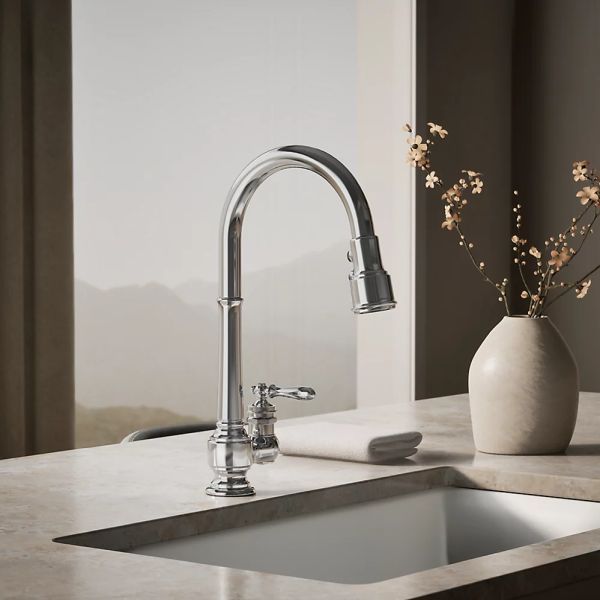 KOHLER® Artifacts® Polished Chrome Kitchen Sink Faucet with 3-Function Sprayhead and Unique Handle-1