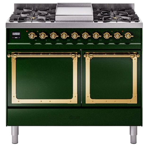 Ilve® Nostalgie II Noblesse 40'' Emerald Green Pro Style Dual Fuel Range with Brass Trim-0