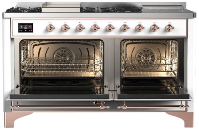 Ilve® Majestic III 60" White Pro Style Dual Fuel Liquid Propane Range with French Top and Copper Trim-1