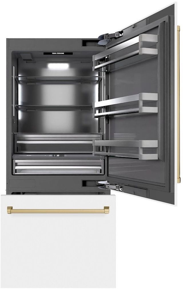 ZLINE Autograph Edition 36" 19.8 Cu. Ft. White Matte Built-In Bottom Freezer Refrigerator with Water Dispenser, Ice Maker, Graphite Gray Interior, and Champagne Bronze Accents-1