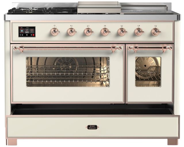 Ilve® Majestic III 48" Antiqued White Pro Style Dual Fuel Natural Gas Range with Triple Glass Door and Copper Trim-2