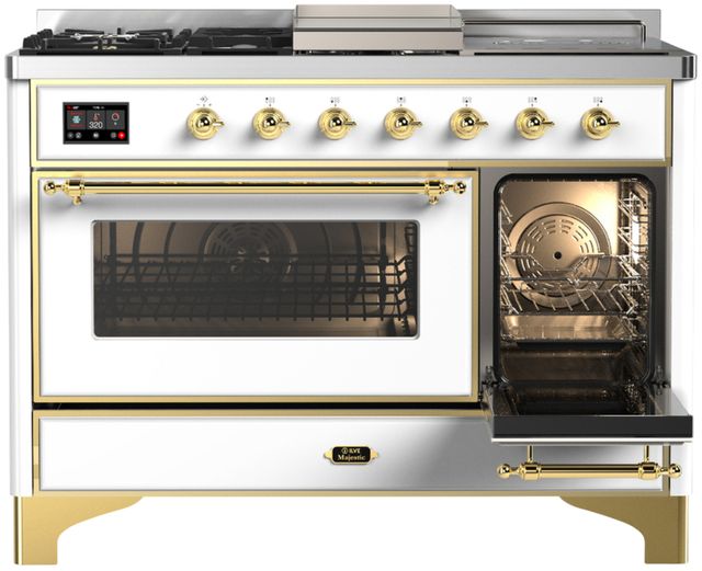 Ilve® Majestic III 48" White Pro Style Dual Fuel Natural Gas Range with 5 Black Brass Burners and Brass Trim-3