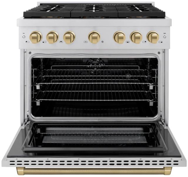 ZLINE Autograph Edition Paramount 36" 5.2 Cu. Ft. Stainless Steel Dual Fuel Range with 6 Burner DuoPro™ Cooktop and Electric Convection Oven and Champagne Bronze Helix Handle and Accents-1