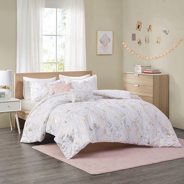 Olliix by Intelligent Design Magnolia Gold Full/Queen Metallic Printed Floral Comforter Set-2