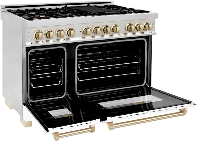 ZLINE Autograph Edition 48" Stainless Steel Pro Style Dual Fuel Range with White Matte Door and Polished Gold Accents-1