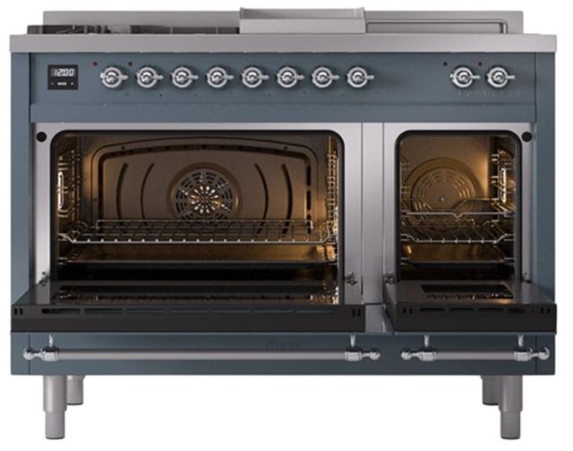Ilve® Nostalgie II Noblesse 48'' Blue Gray Pro Style Dual Fuel Range with Chrome Trim-2