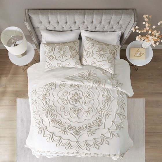 Olliix by Madison Park Violette 3 Piece Ivory and Taupe Full/Queen Tufted Cotton Chenille Coverlet Set-1