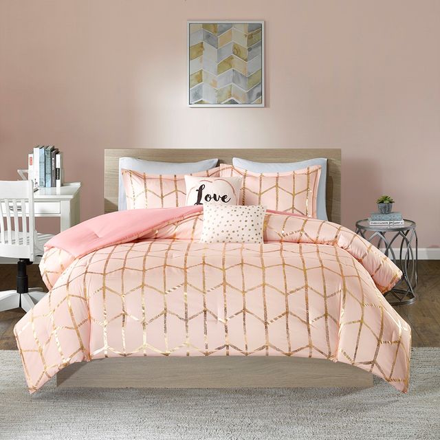 Olliix by Intelligent Design Raina Blush and Gold Full/Queen Metallic Printed Comforter Set-0