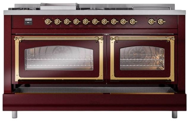 Ilve® Nostalgie II Noblesse 60'' Burgundy Pro Style Dual Fuel Range with Brass Trim-3