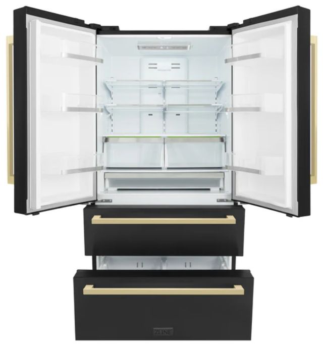ZLINE Autograph Edition 36". 21.6 Cu. Ft. Fingerprint Resistant Black Stainless Steel Counter Depth French Door Refrigerator with Champagne Bronze Modern Handles-1