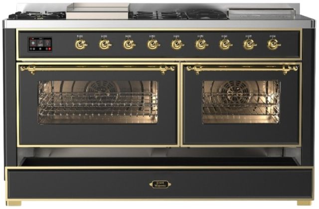 Ilve® Majestic III 60" Graphite Matte Pro Style Dual Fuel Liquid Propane Range with French Top and Brass Trim-2