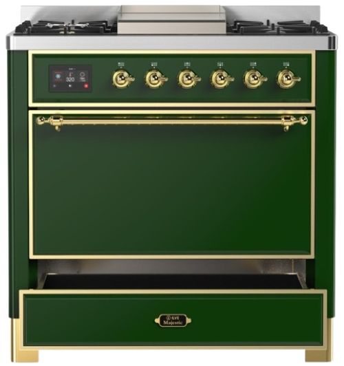 Ilve® Majestic III 36" Emerald Green Pro Style Dual Fuel Natural Gas Range with Solid Door and Brass Trim-2