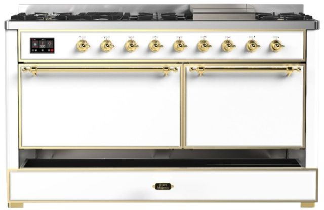 Ilve® Majestic III 60" White Pro Style Dual Fuel Natural Gas Range with Solid Door and Brass Trim-2