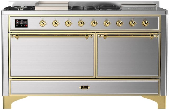 Ilve® Majestic III 60'' Stainless Steel Pro Style Dual Fuel Liquid Propane Range with Solid Door and Brass Trim-0