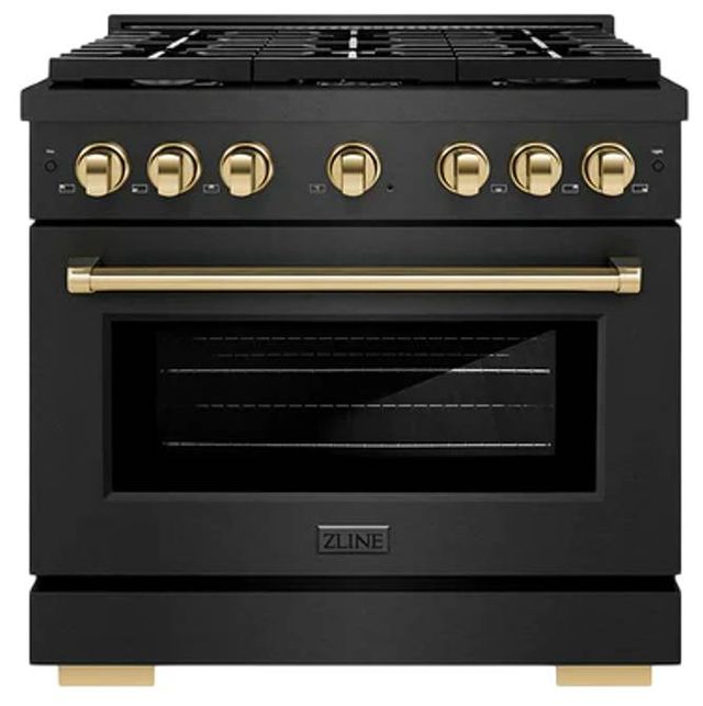 ZLINE Autograph Edition Paramount 36" Black Satin Stainless Steel/Polished Gold Gas Range with 6 Burner Cooktop and Convection Gas Oven-0