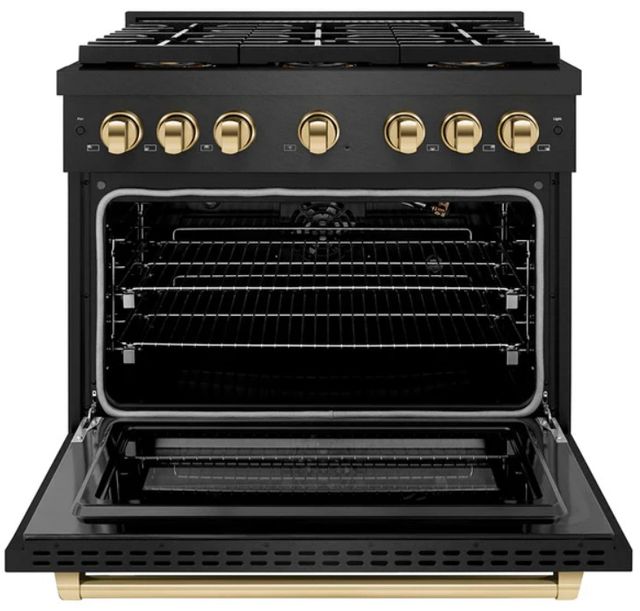 ZLINE Autograph Edition Paramount 36" 5.2 Cu. Ft. Black Satin Stainless Steel Gas Range with 6 Burner DuoPro™ Cooktop and Convection Gas Oven with Polished Gold Accents-1