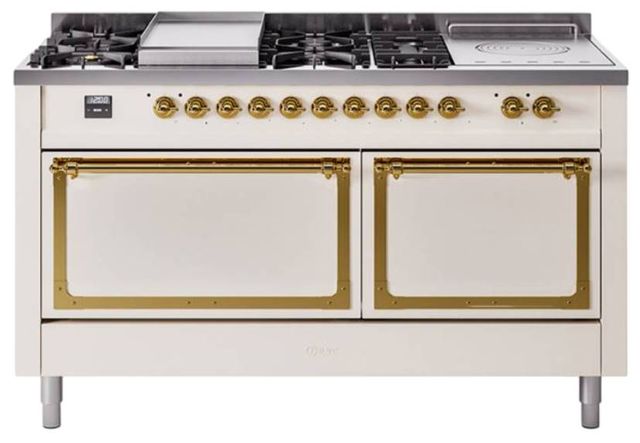 Ilve® Nostalgie II Noblesse 60'' Antique White Pro Style Dual Fuel Range with Brass Trim-0