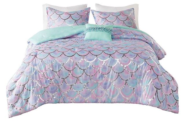Olliix by Mi Zone Pearl Aqua and Purple Twin/Twin XL Metallic Printed Reversible Comforter Set-0