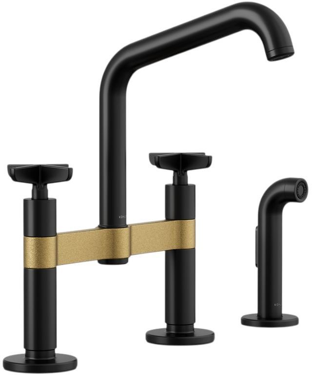 KOHLER® Billet® Matte Black with Brushed Moderne Brass 2-Hole Bridge Kitchen Sink Faucet with Side Sprayer-0