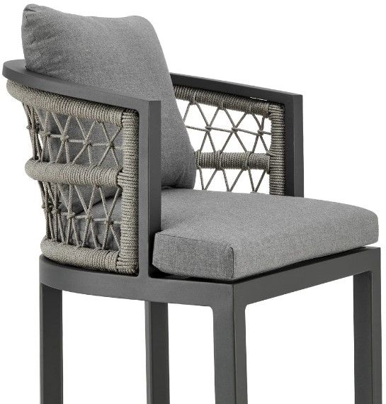 Armen Living Zella Gray/Light Gray Rope/Metal Outdoor Bar Stool with Cushions-3