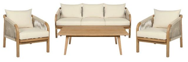 Front view of the Armen Living Cypress 4-Piece Ivory/Light Gray Olefin/Wooden Outdoor Conversation Set