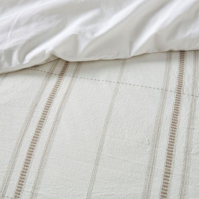 Olliix by Clean Spaces Hollis 5 Piece Organic Cotton Yarn Dyed Oversized Taupe and Ivory Full/Queen Comforter Cover Set-2
