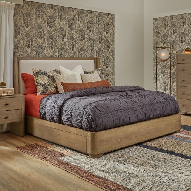Flexsteel® Normandy Cream/Driftwood King Upholstered Panel Storage Bed-1