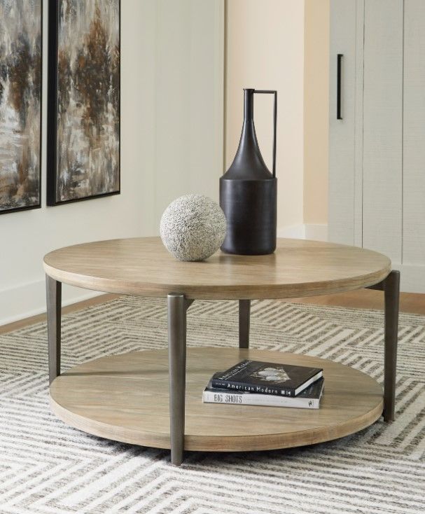 Signature Design by Ashley® Dyonton Light Grayish Brown Top Coffee Table with Gunmetal Base-7